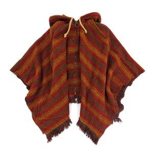Himalayan Artisan Handmade Red Woven Poncho with Backpack Hoodie One Size